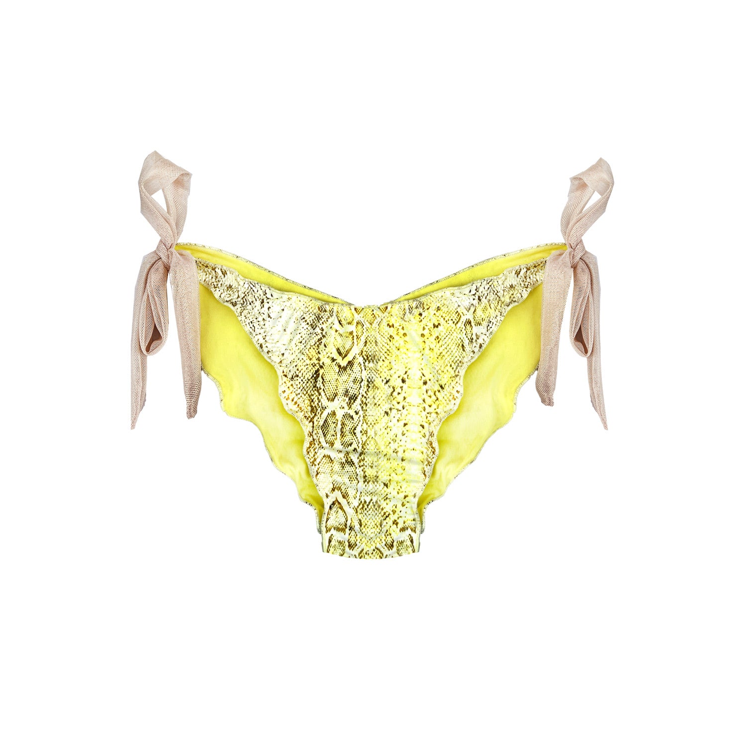 Braguita de bikini Estelle con lazos dorados y estampado de serpiente amarillo limón