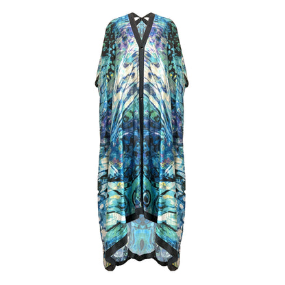Blue Silk Kimono Butterfly Print Dress Alicia