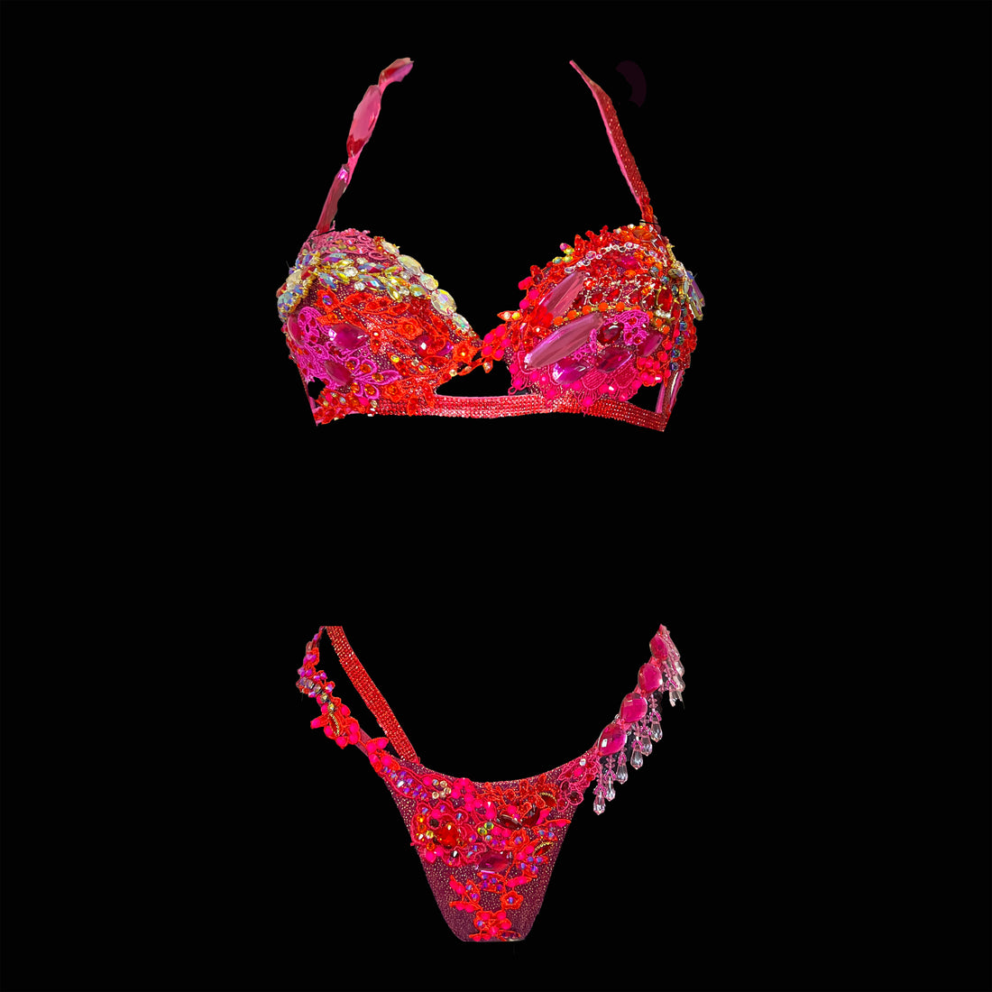 Samba Couture Pink Burgundy Red Crystal Bikini Competition Posing Suit FMG WBFF Front View