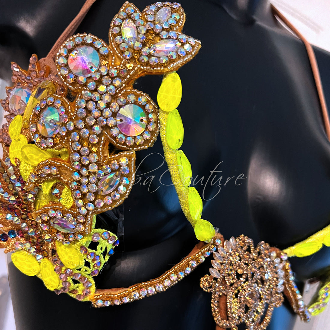 Samba Couture Neon Yellow Gold Crystal Bikini Competition Posing Suit